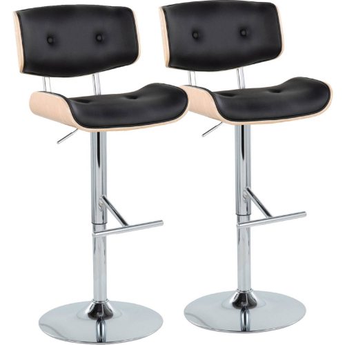 Lombardi Adjustable Swivel Bar Stool in Chrome, Natural Wood & Black Leatherette (Set of 2)